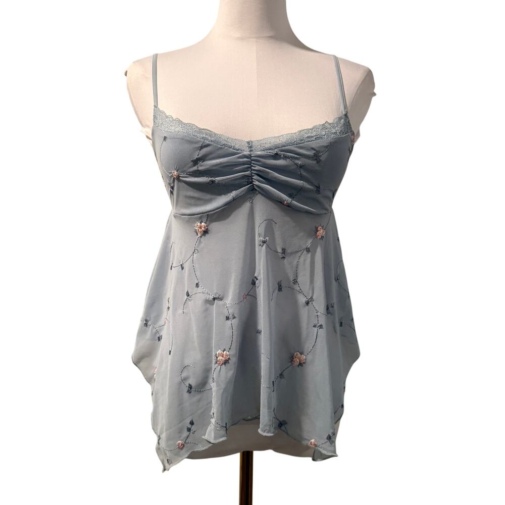 Urban Outfitters Blue Babyboll Mesh Fairy Embroidered Floral Cami Top Small Y2K